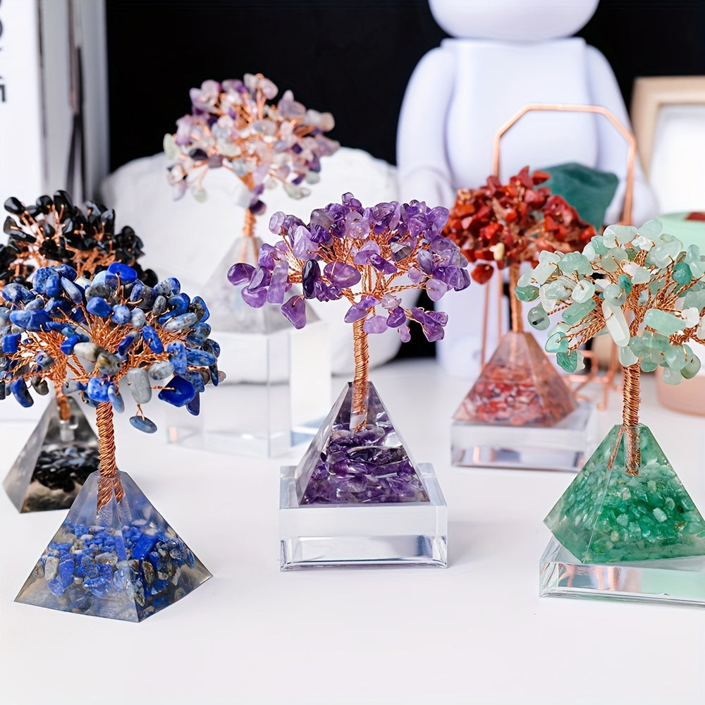 Decoración de árbol de cristal con base de pirámide de piedra natural para meditación, alineación de chakras, Feng Shui