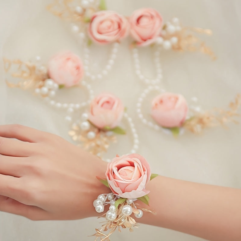 Set of 6 Pink Rose Wrist Corsages with Golden Leaves Beads for Weddings Proms Parties
