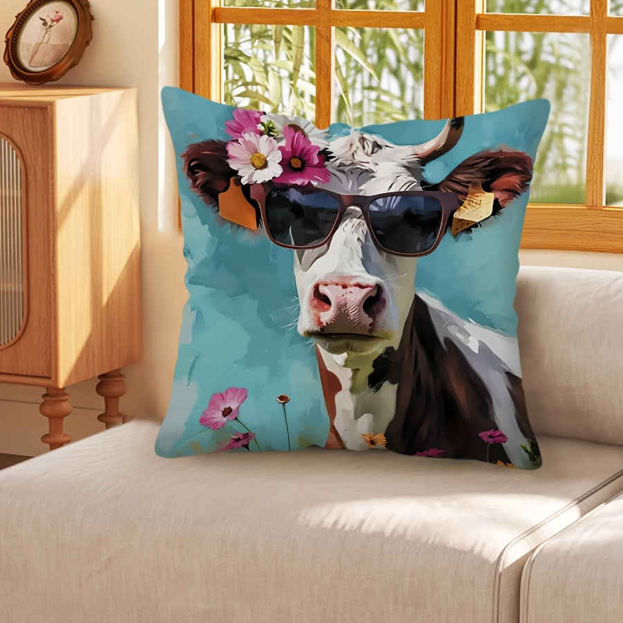 Vintage Floral Cow Cushion Cover 44.96x44.96 cm Polyester Zippered Washable Decorative