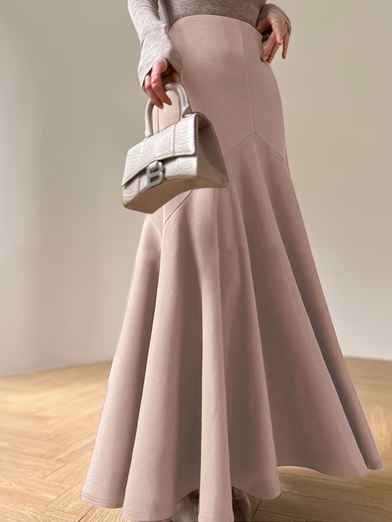 Falda midi acampanada para mujer de talla grande, rosa suave, de cintura alta, para todas las estaciones