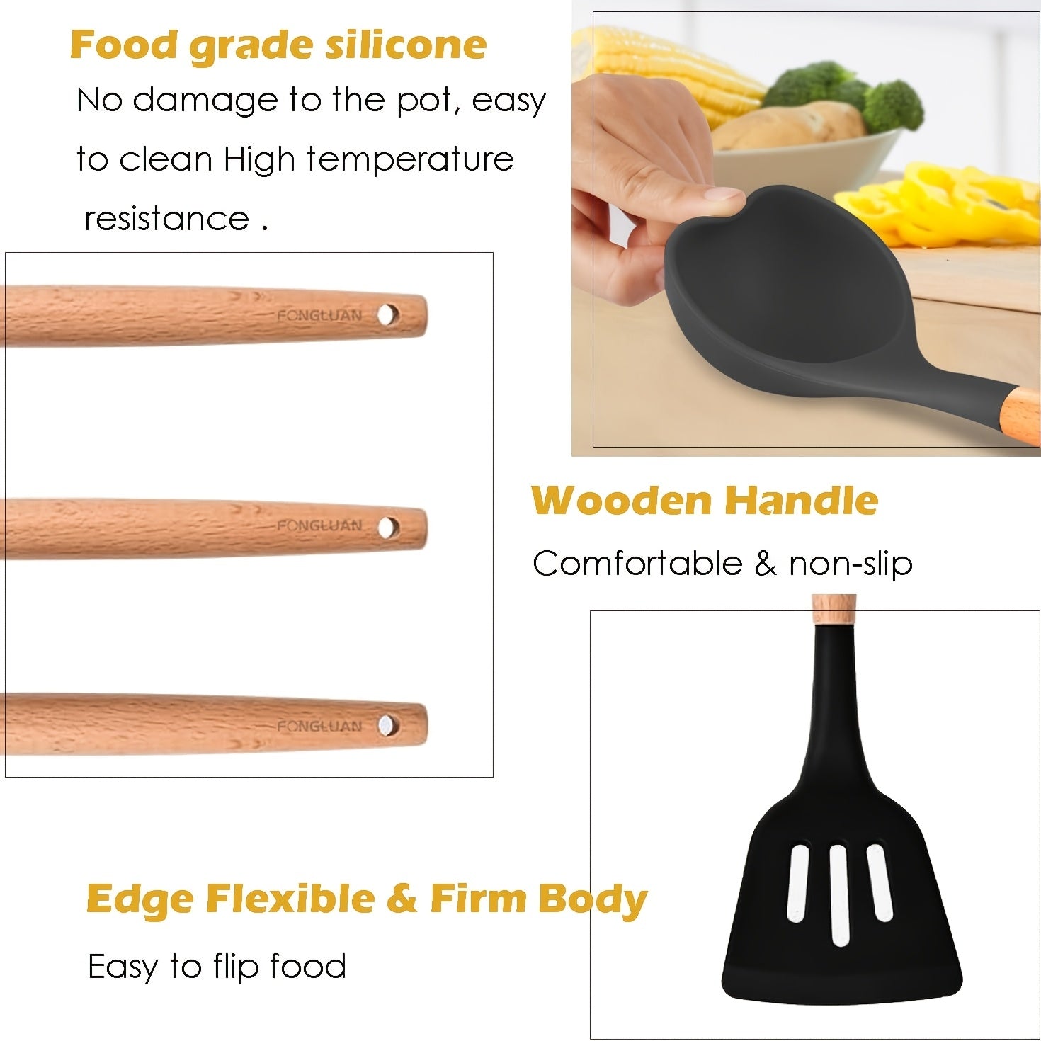 3 ta silikon non-stick pishirish asboblari to'plami, yog'och tutqichlar bilan, issiqlikka chidamli, suv o'tkazmaydigan qopqog'li qopqoq va qoshiq