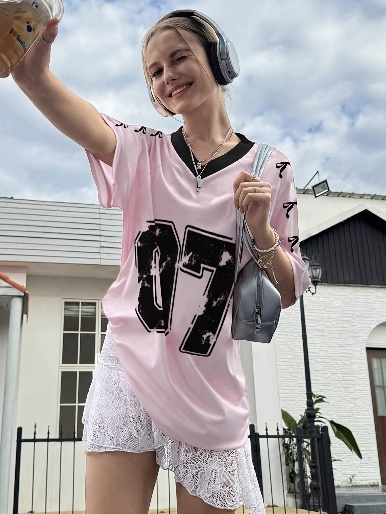 Women's Black V-Neck T-Shirt with Bow and Number Print Casual Short Sleeve Polyester