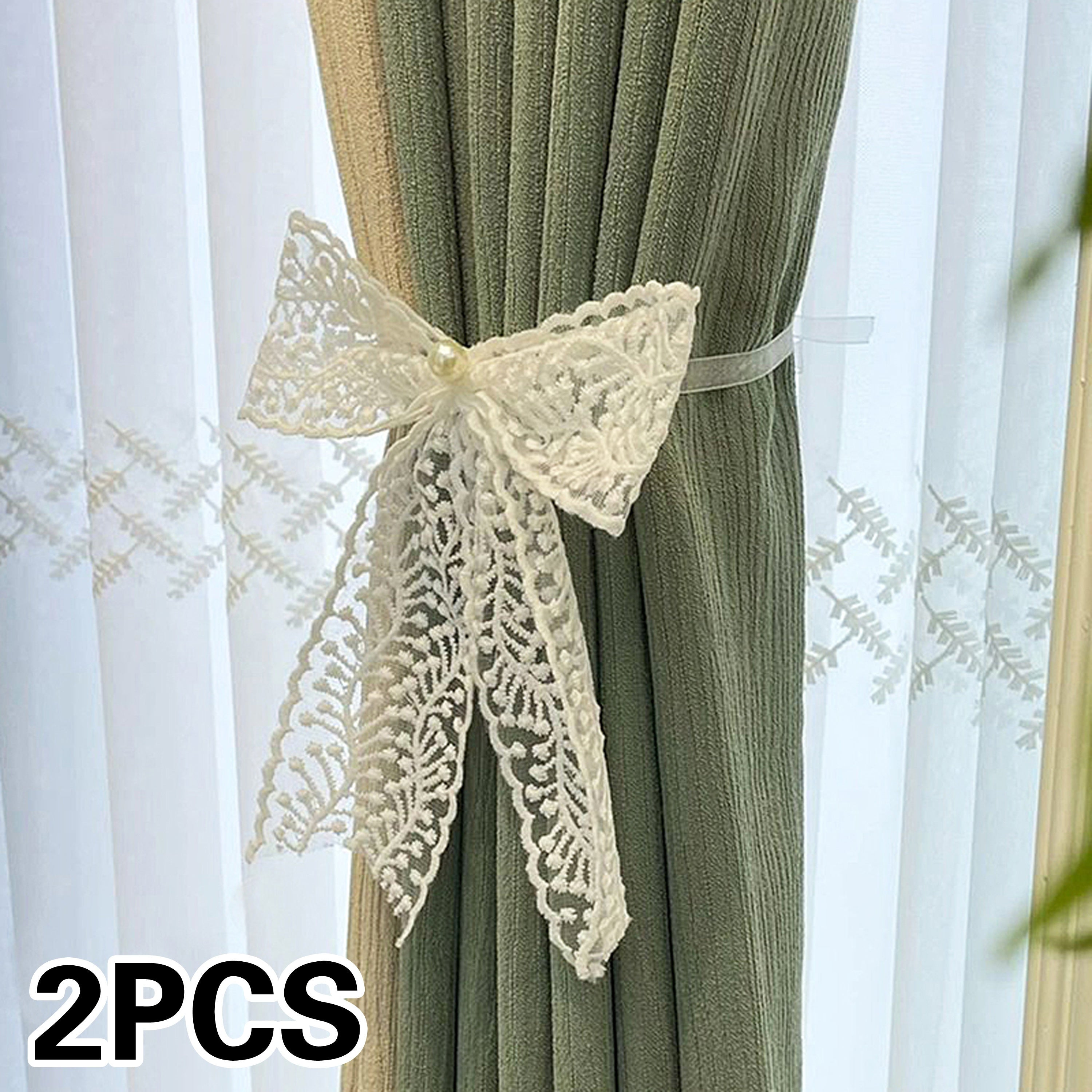 Set of 2 Lace Bow Curtain Tiebacks Adjustable Polyester Holdbacks for Heavy and Sheer Drapes
