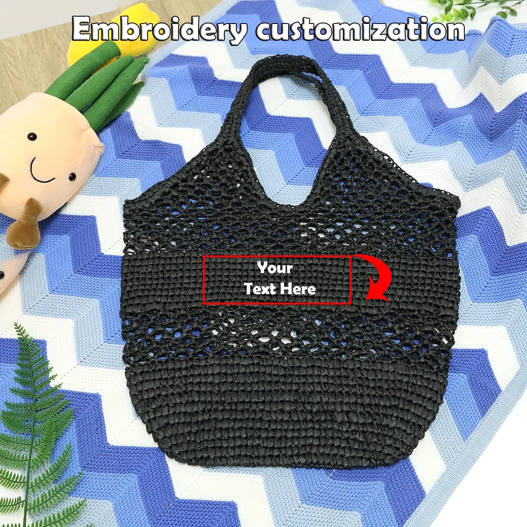 Large Capacity Women's Beach Tote Bag with Custom Embroidery, Hand-Woven Mesh