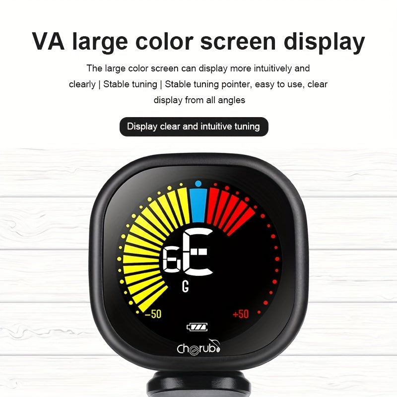 Cherub WST-670 qayta zaryadlanadigan klip-on tuneri, VA rangli ekran bilan, gitara, skripka, ukulele uchun xromatik tunerlash - litiy batareyali ko'p asbobli raqamli tuner