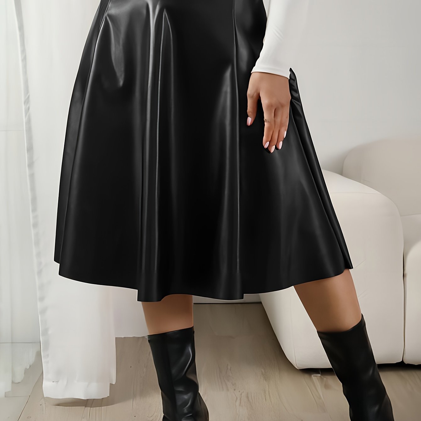 Women’s Black High-Waist PU Leather Flared Midi Skirt for Fall Winter