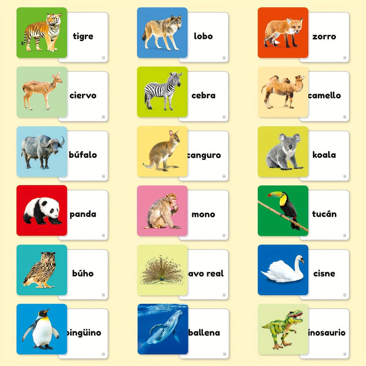 Juego de tarjetas de palabras de animales para niños en español con imágenes y esquinas redondeadas