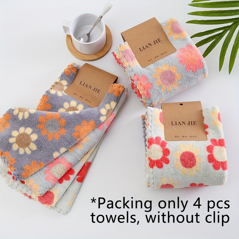 Набор из 4-х цветочных быстросохнущих полотенец из абсорбирующего кораллового флиса для использования в ванной и на кухне.