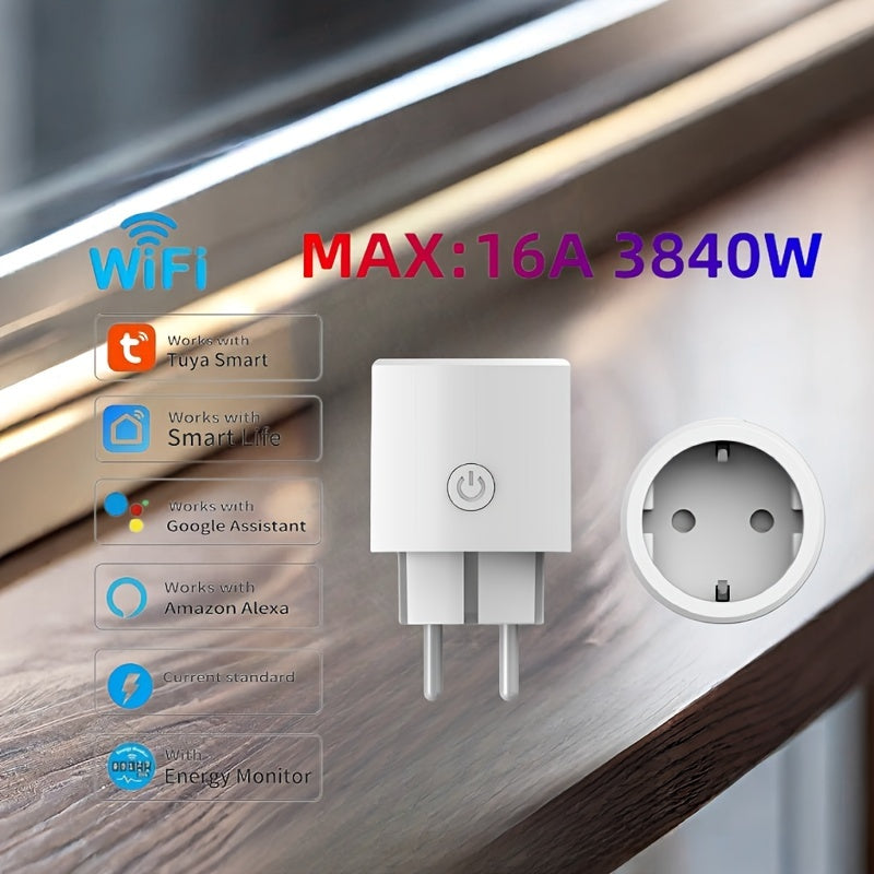 Enchufe inteligente WiFi mini con control por app, compatible con Alexa y Google Home, temporizador, 16A, 3840W, enchufe europeo