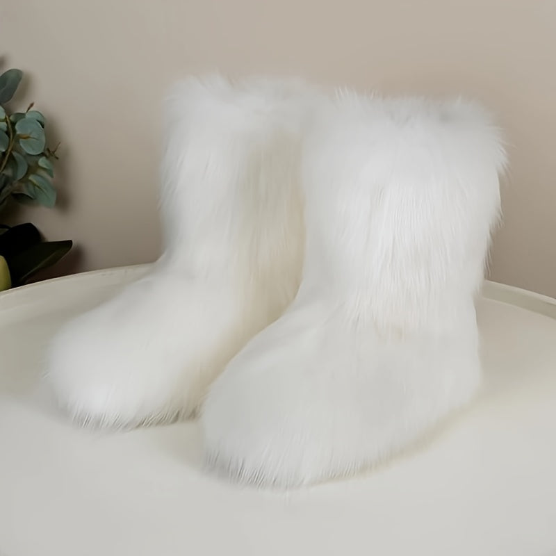 Women's Faux Fur Winter Boots Slip-On Snow Boots White Cozy Warm