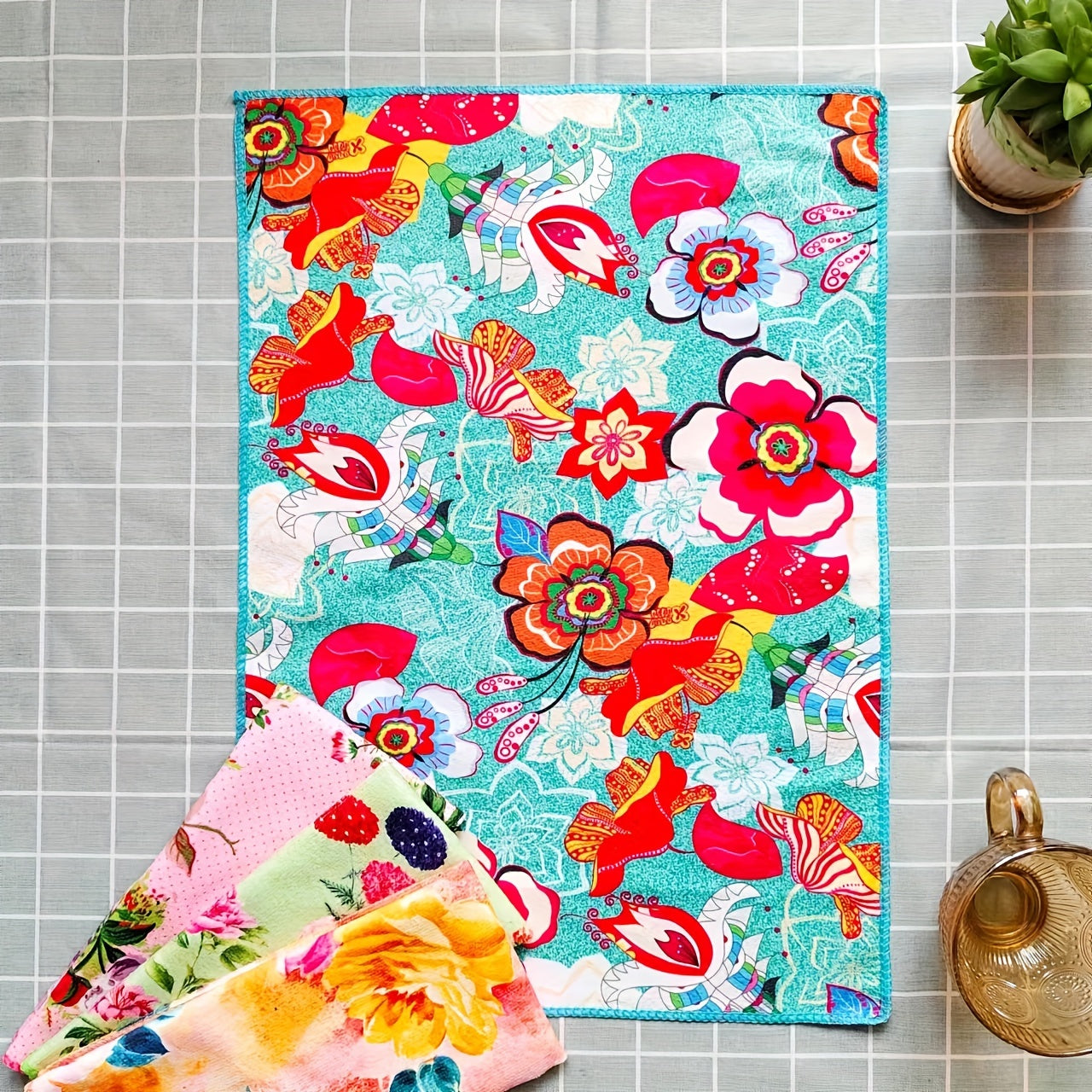 Set of Four Microfiber Kitchen Towels Floral Print 40x60cm Absorbent Lint-Free