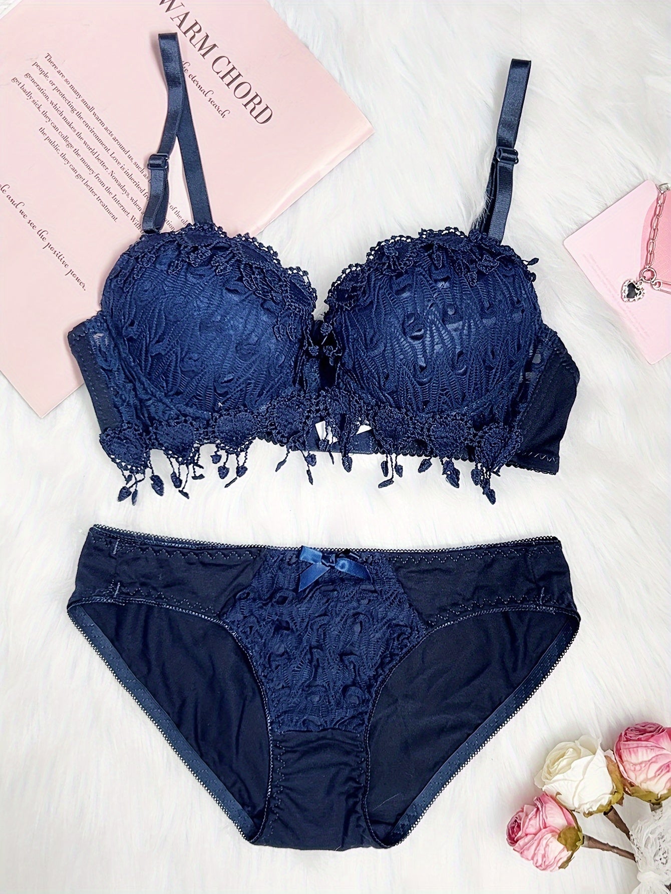 Women Red Heart Embroidery Lingerie Set with Push-Up Bra and Removable Pads