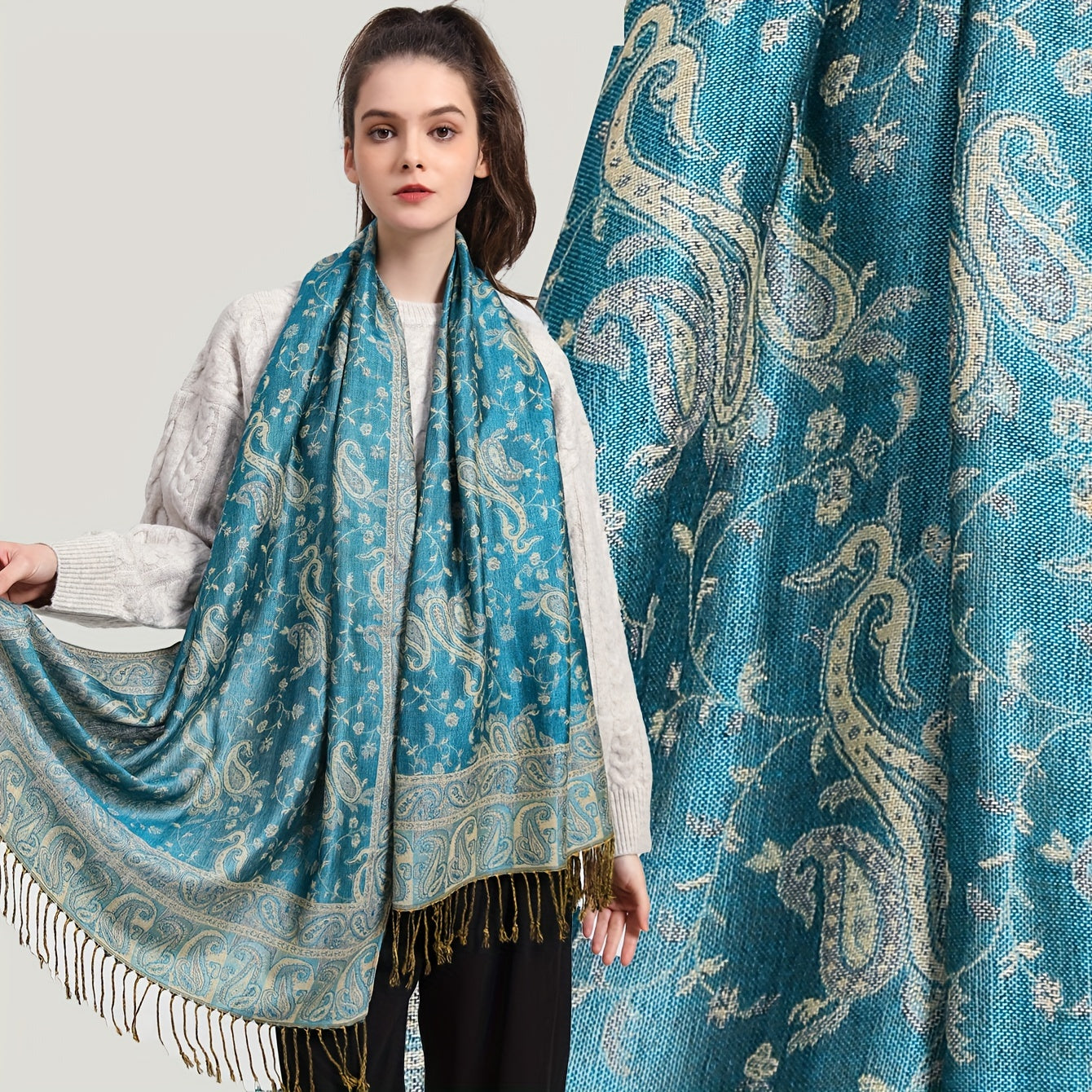 Vintage Boho Paisley Jacquard Tassel Scarf for Autumn Winter Soft Warm Shawl