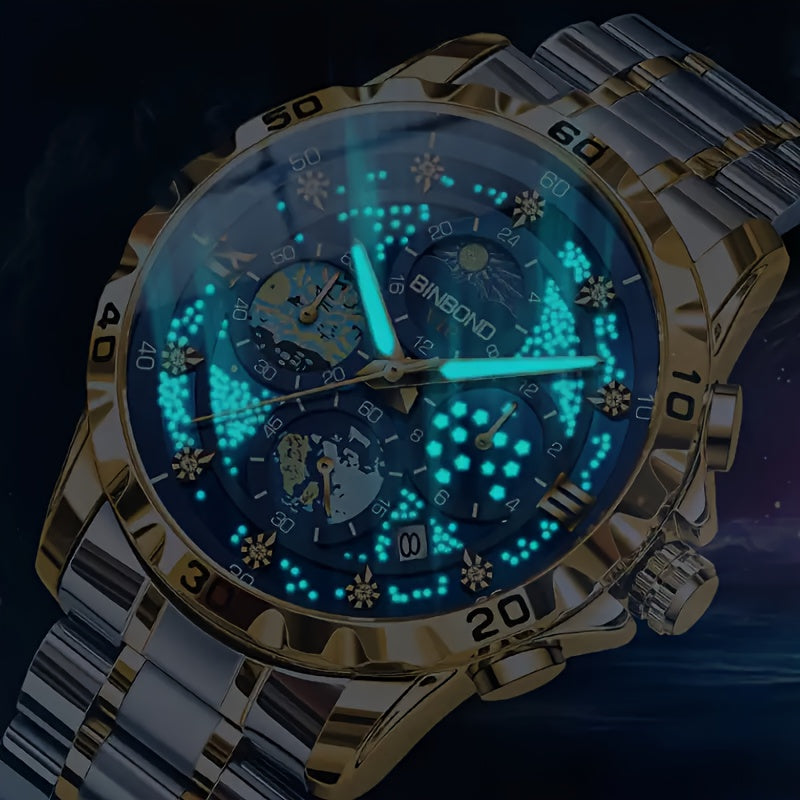 Erkaklar uchun yorqin kvarts soat, sana ko'rsatuvchi, alloy band, biznes-kosmik