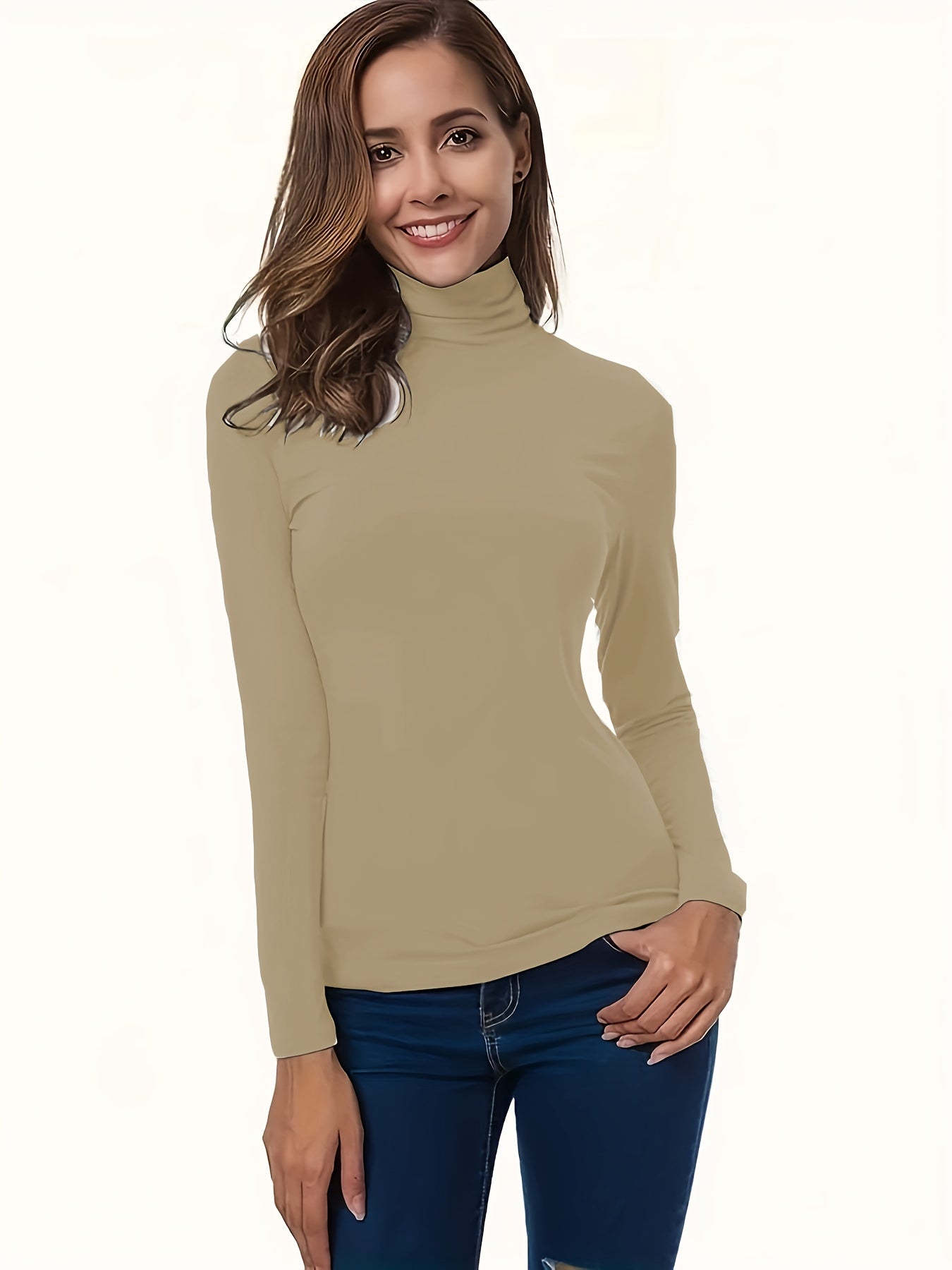 Plus Size Women Solid Color High Neck T-Shirt Long Sleeve Casual Top