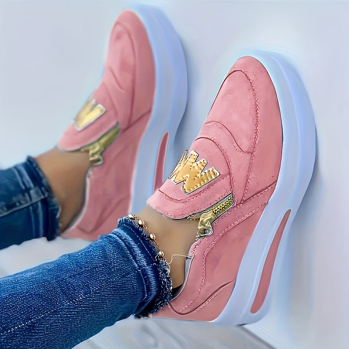 Women's Red Slip-On Sneakers with Zipper Low Top Lightweight PU Sole