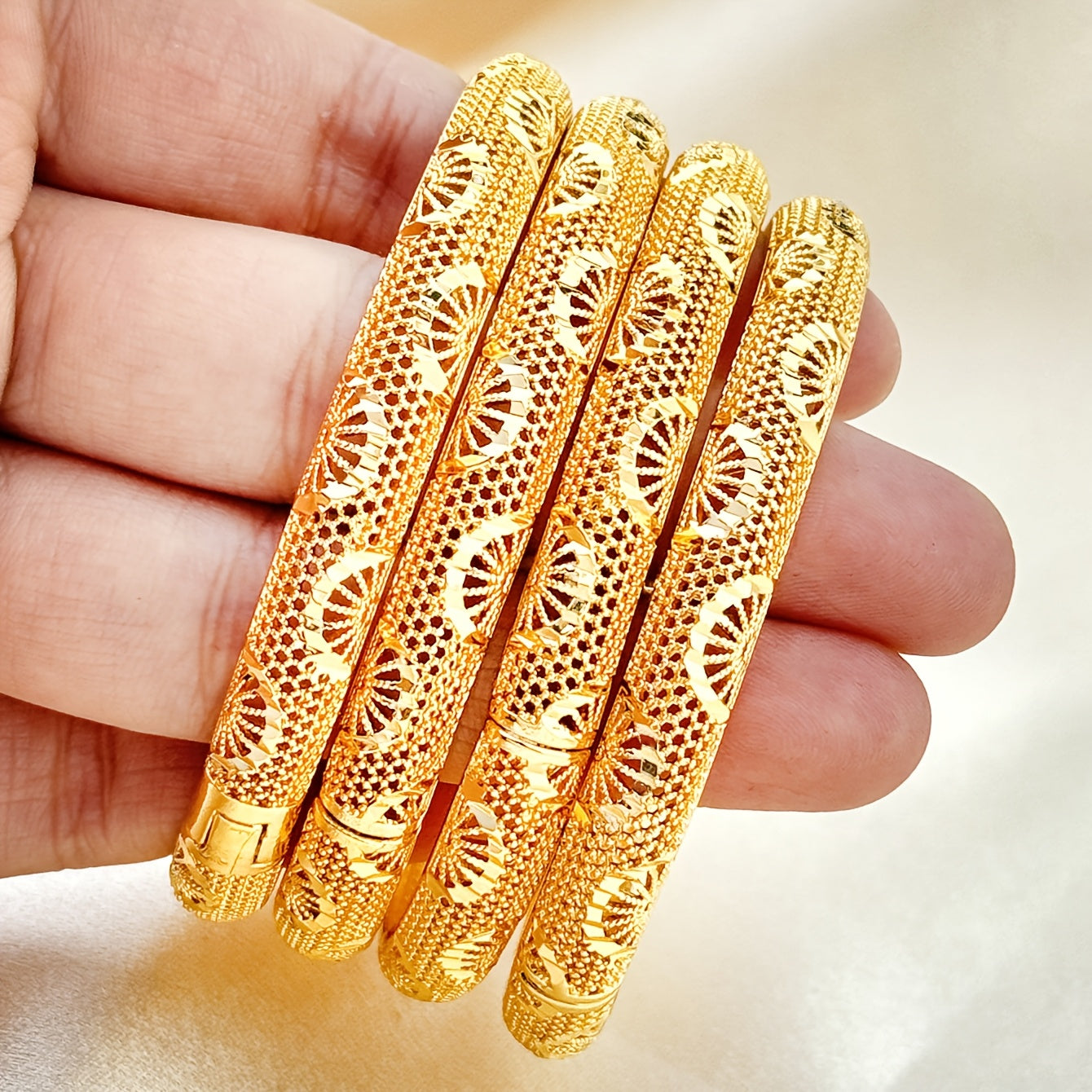 Golden Plated Copper Bangle Set for Women Hollow Circular Stylish Jewelry for Wedding and Daily Wear