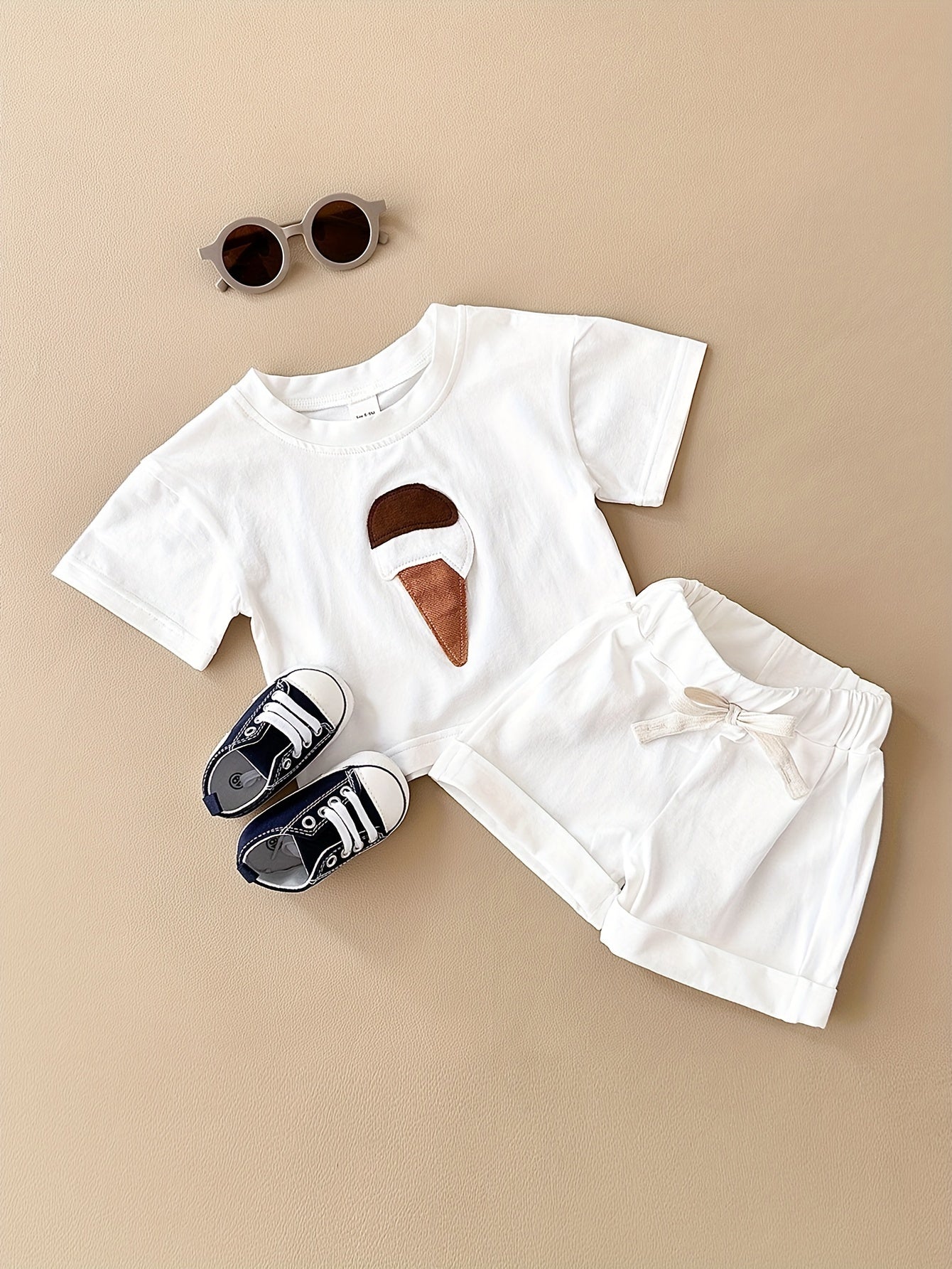 Девочки, летний хлопковый микс с аппликацией мороженого, двухпредметный комплект с коротким рукавом и шортами