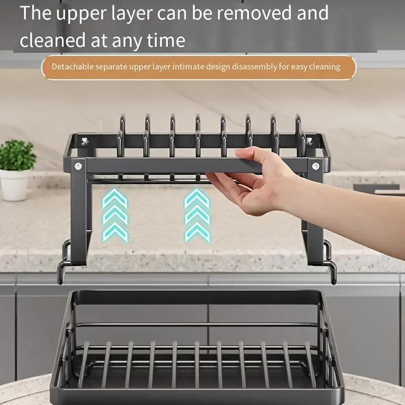 Double Layer Dish Rack with Drainboard and Utensil Holder for Kitchen Countertop Storage