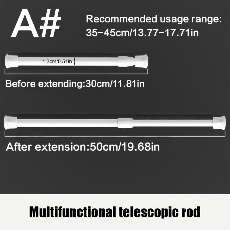 Turli joylarda oson o'rnatish uchun sozlanadigan spring kuchi bilan ko'p maqsadli metall pardalar tayoqchasi.