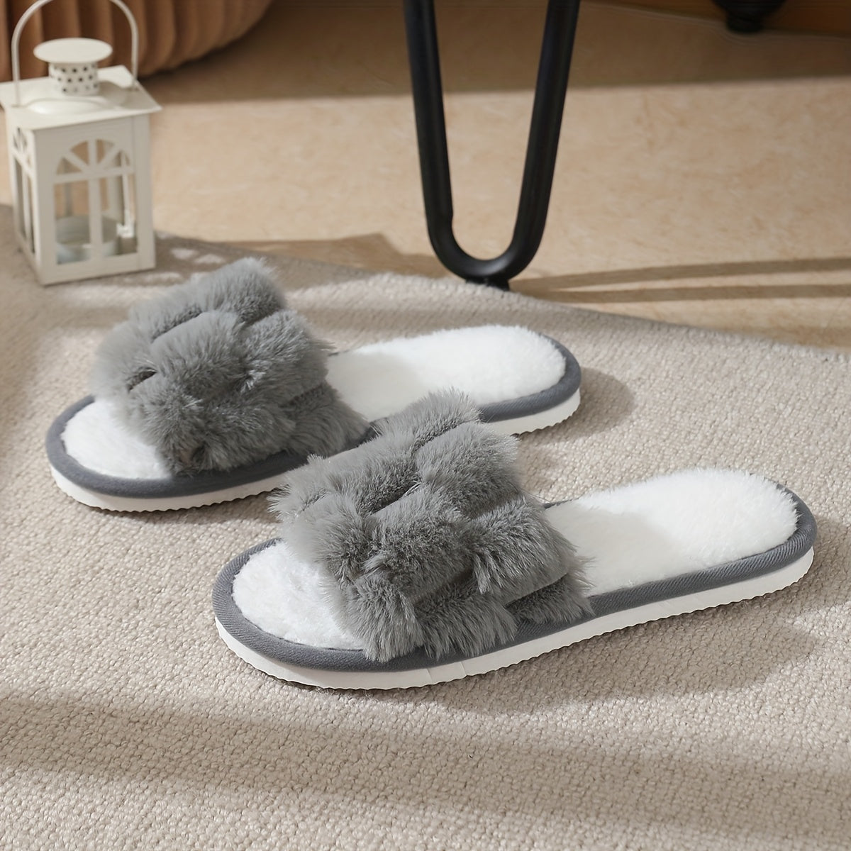 Women's Plush Open-Toe Indoor Slippers Non-Slip Comfortable Breathable