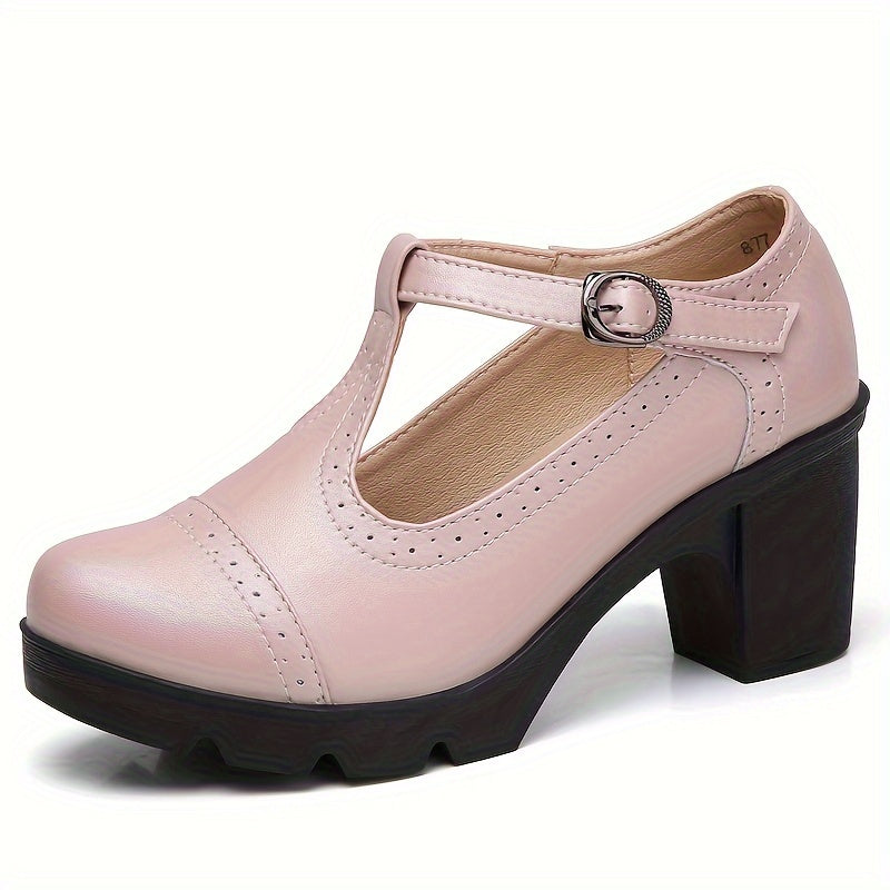 Women's T-Strap Chunky Heels Retro Buckle Oxford Pumps for Office