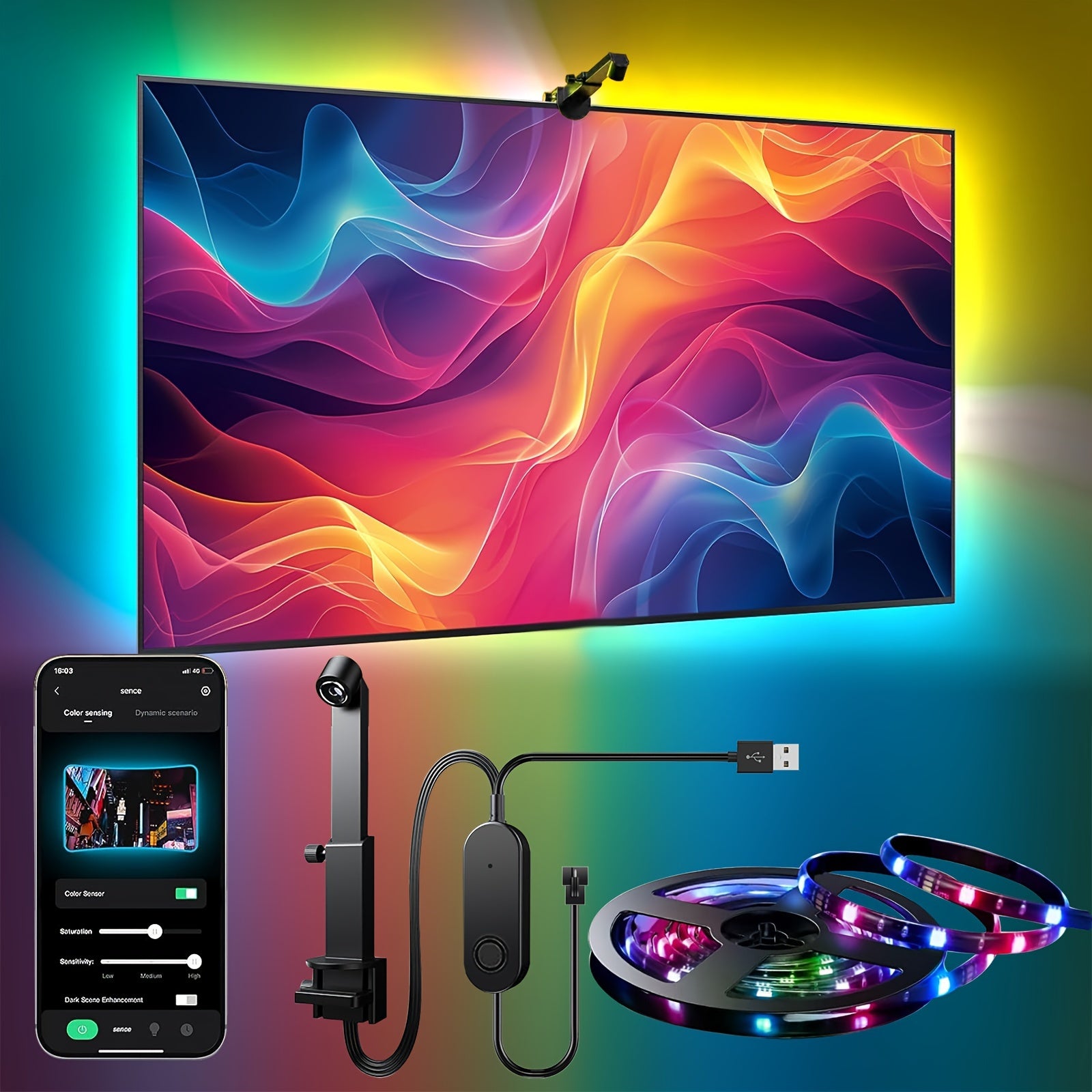 Smart LED TV Backlight Strips with AR Color Sensor for 55-85 Inch Screens App-Controlled Music Sync Adjustable Lighting