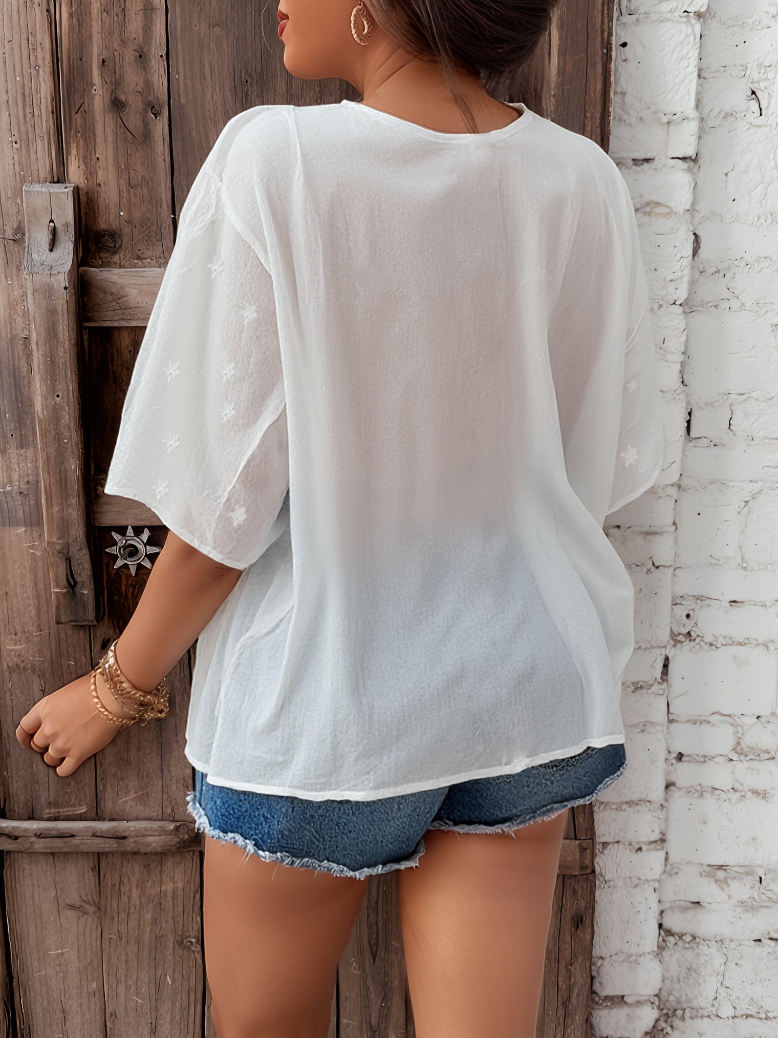 Women's Floral Embroidered Semi-Sheer Summer Blouse White Green Lightweight Top