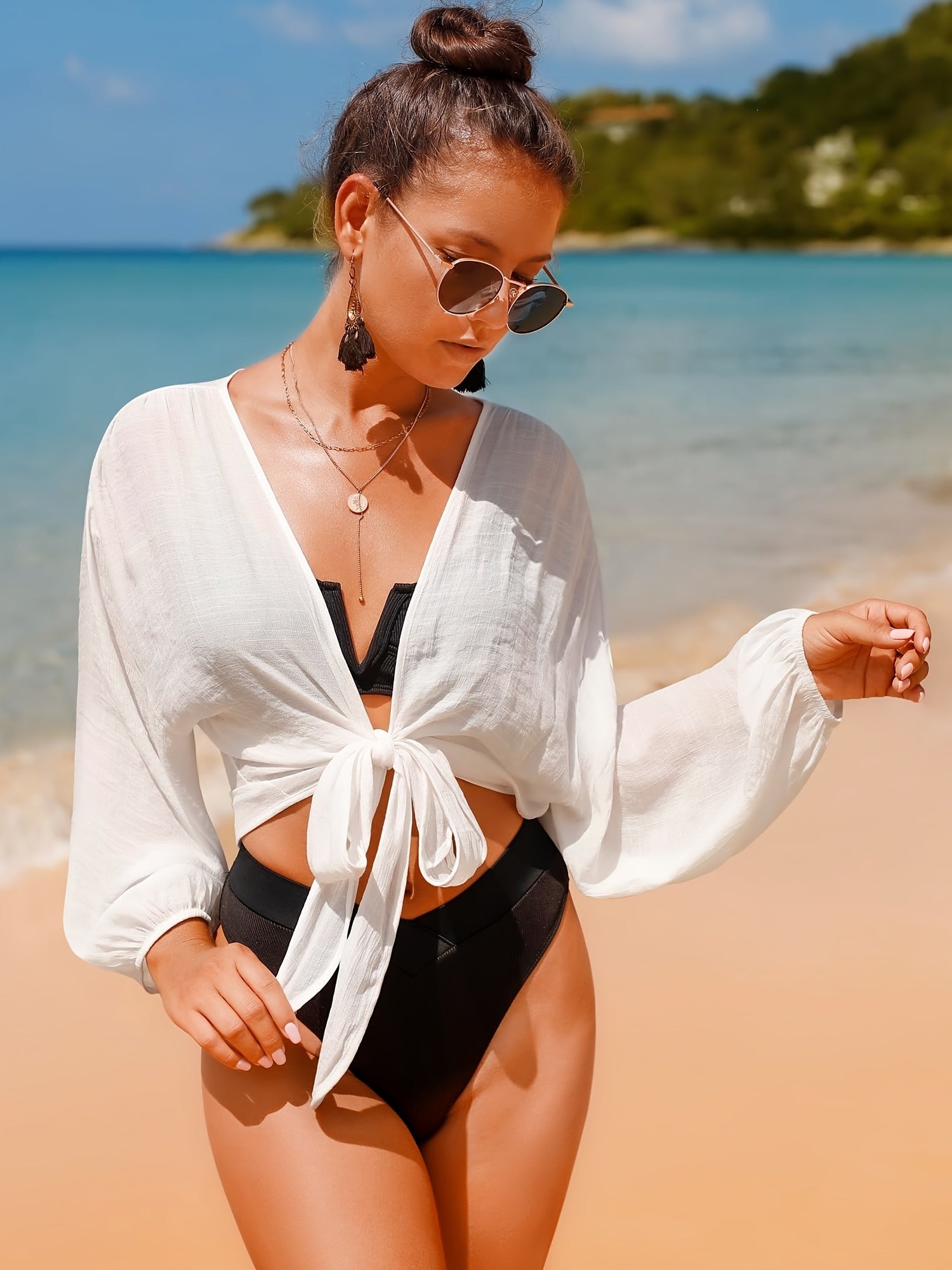 Women's Long Sleeve Beach Cover Up Top with Self-Tie Design for Summer