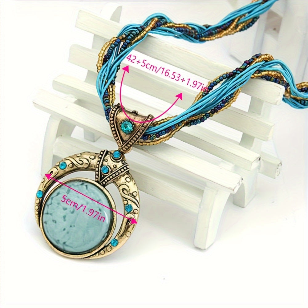 Tasodifiy Uniseks Bo'yin Aksessuari: Bohemiya Vintage Dumaloq Qimmatbaho Toshli Pendant Marjon Zanjiri Qo'l Bilan To'qilgan Guruch Beadlari Bilan
