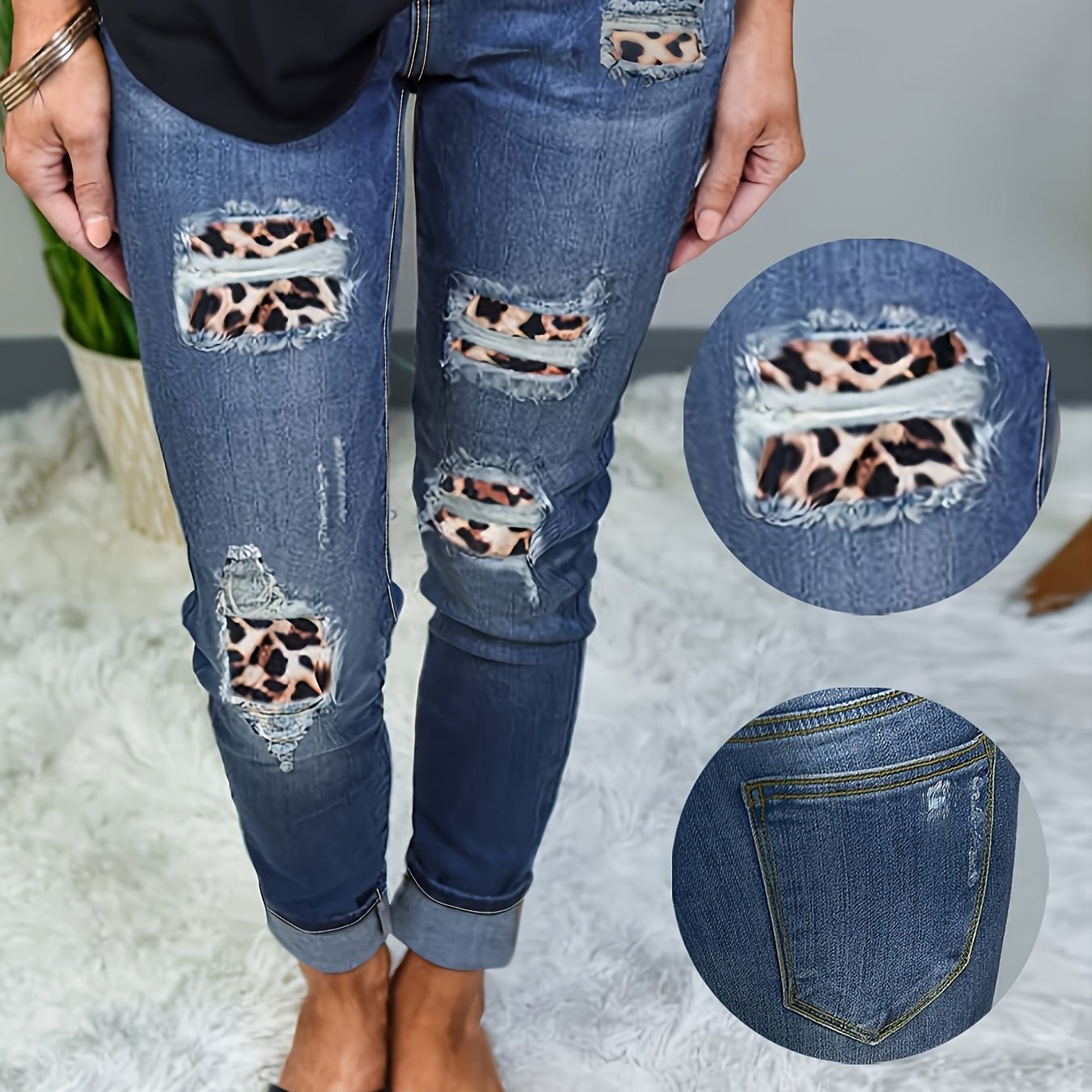 Women's Plus Size Leopard Print Patchwork Slim-Fit Jeans Stretch Denim Cuffed