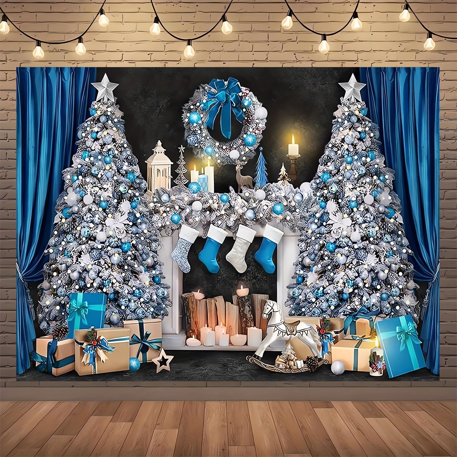 Blue and White Christmas Mantelpiece Scene with Presents and Tree for Holiday Decor