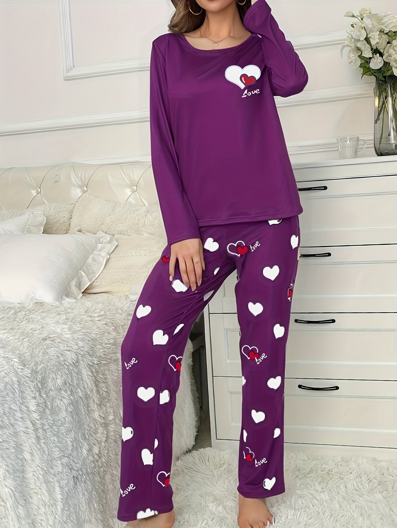 Women's Heart Print Pajama Set Long Sleeve Crew Neck Top Elastic Waist Pants Fall Winter Polyester Blend