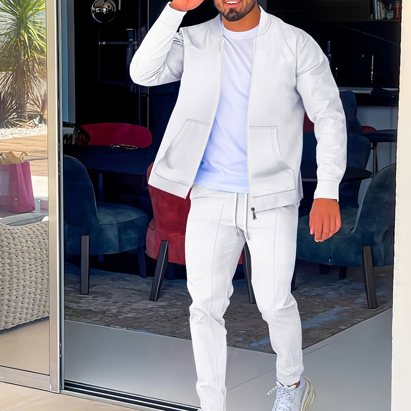 Men's Grey Waffle Knit Baseball Collar Sports Set Zip-Up Pants with Drawstring Waist