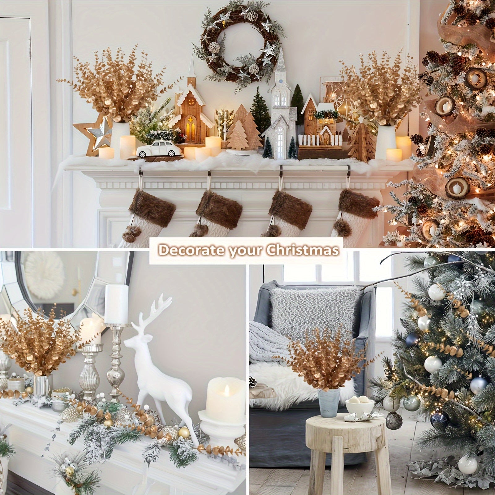 10 Lifelike Golden Eucalyptus Stems Artificial Plants for Indoor Outdoor Decor