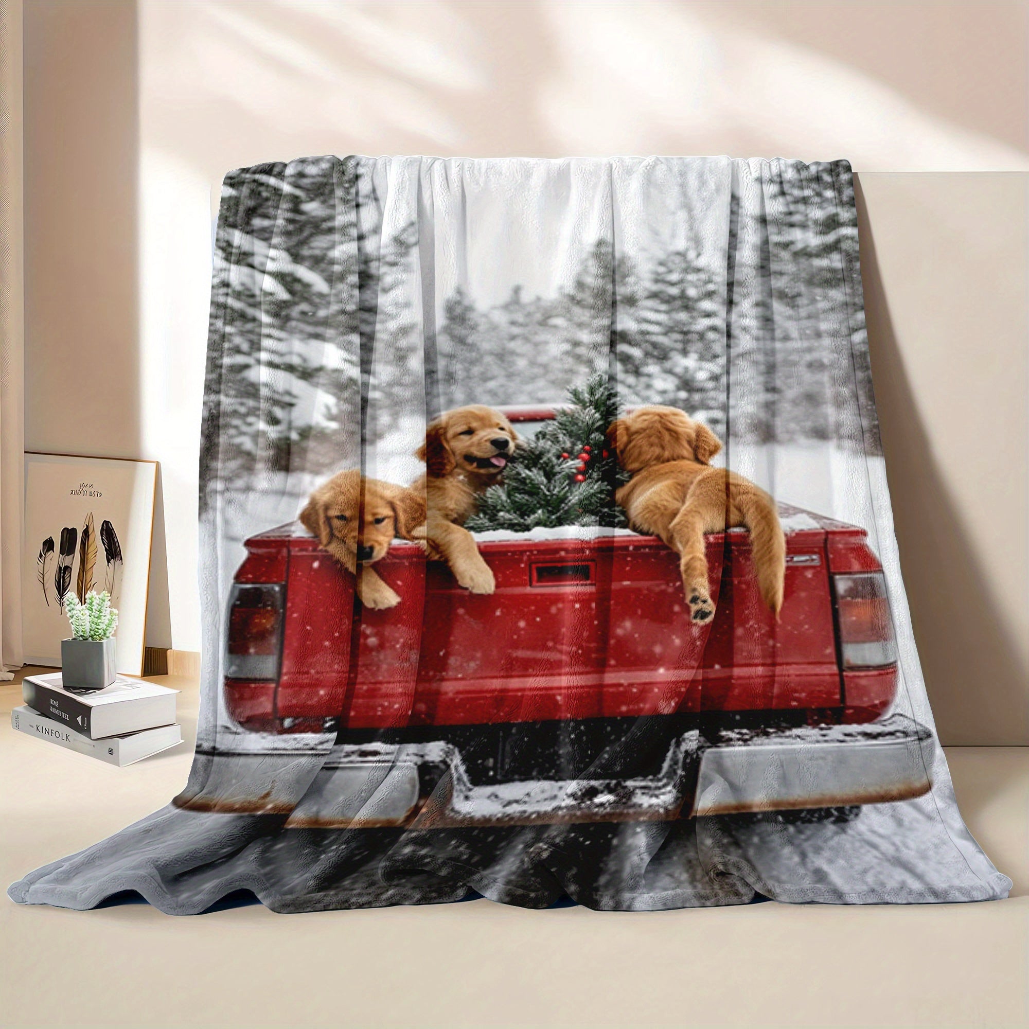 Flannel Fleece Throw Blanket with Cartoon Golden Retrievers and Red Truck Winter Theme Hypoallergenic Quilted Gift