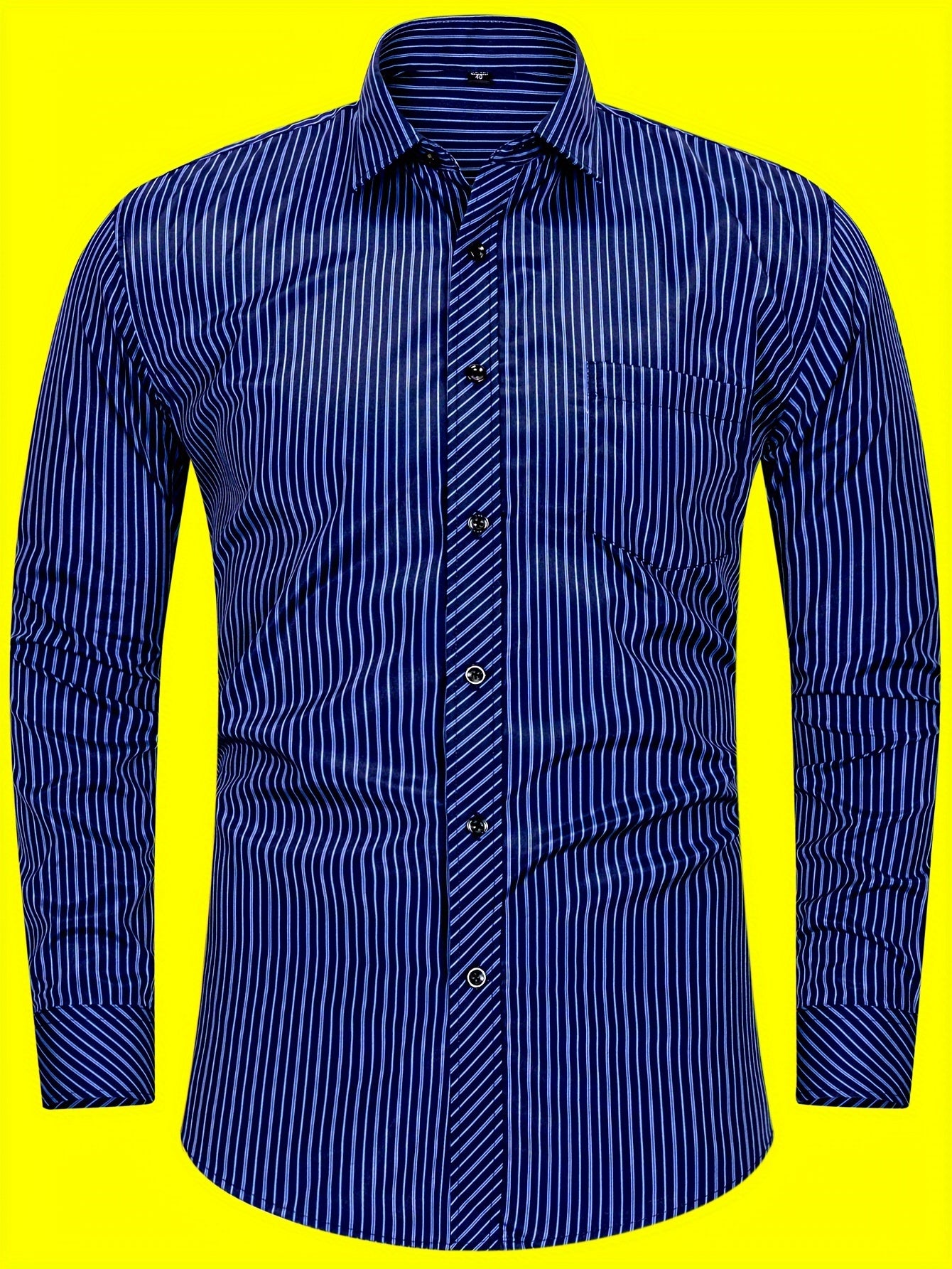 Men's Business Casual Long Sleeve Striped Shirt with Buttons and Lapel Collar
