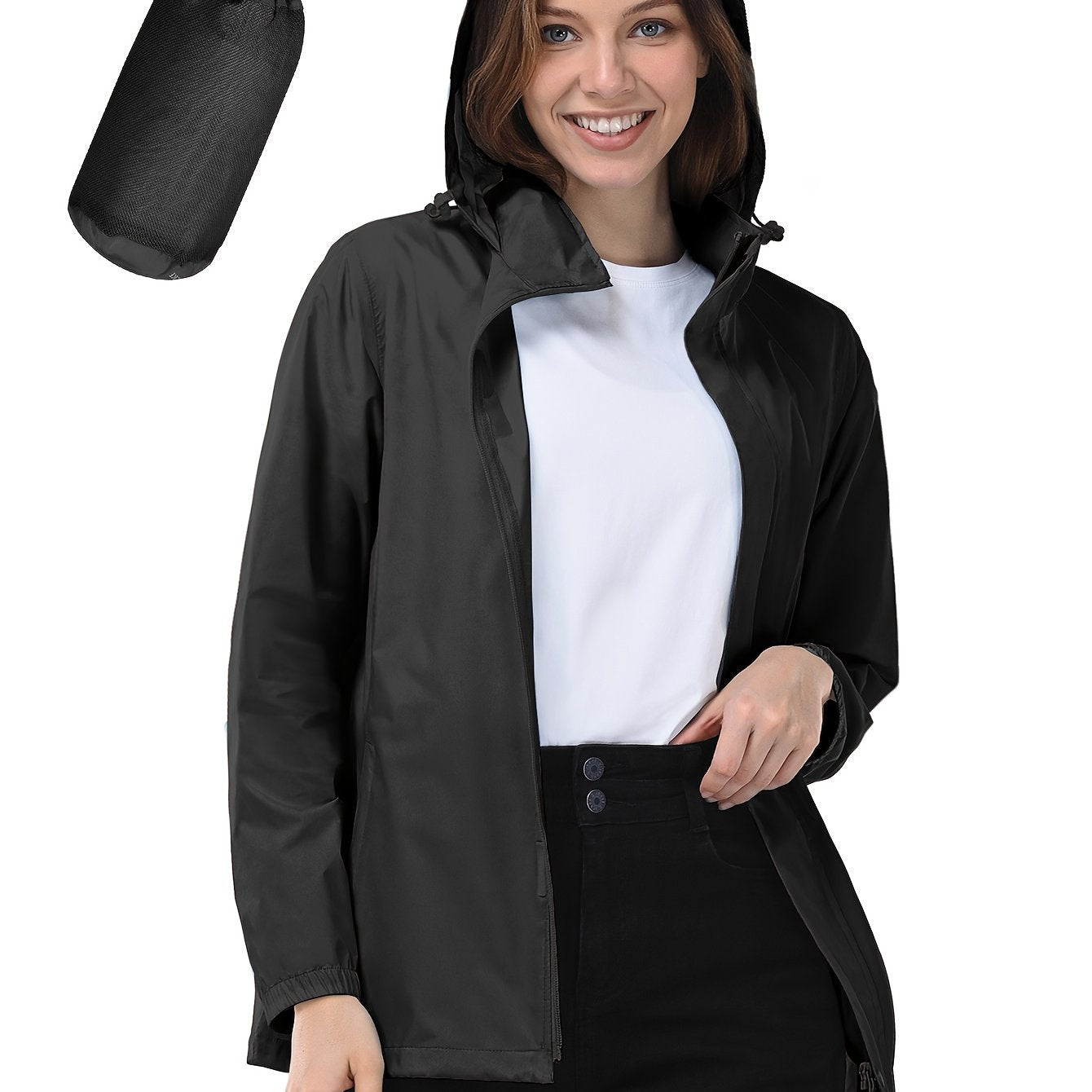 Women’s Lightweight Windbreaker Jacket with Hood, Zipper Pockets, Navy Blue, Plus Size