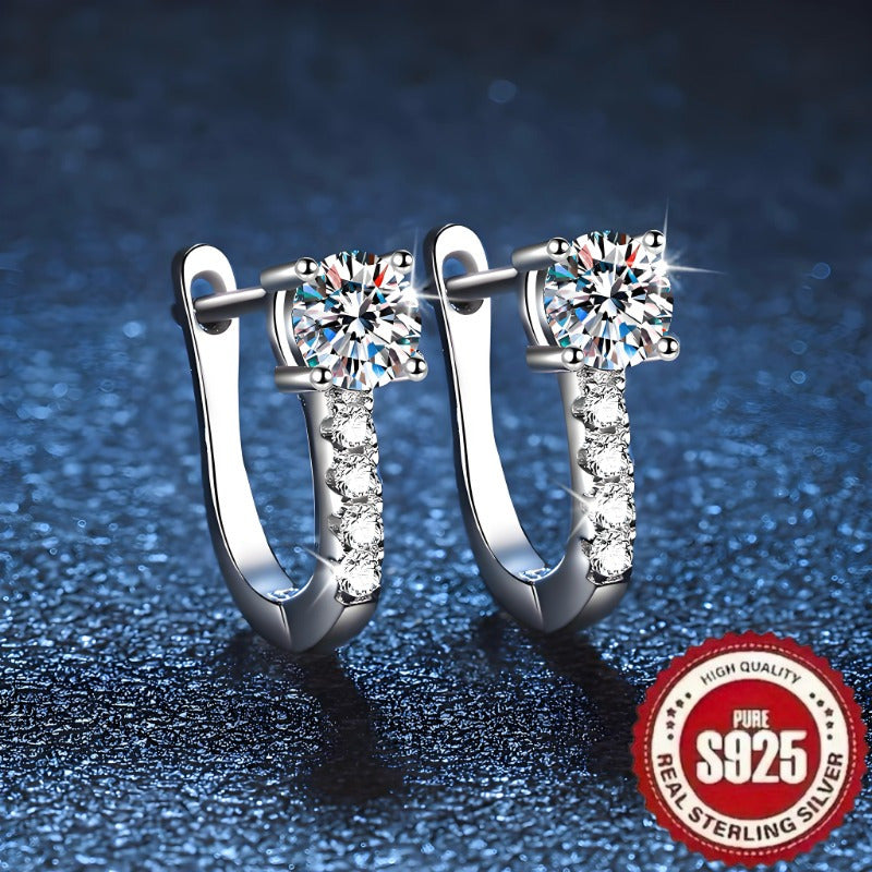 Sterling Silver U-Shaped Hollow Earrings with Synthetic Zirconia for Daily and Gift Wear