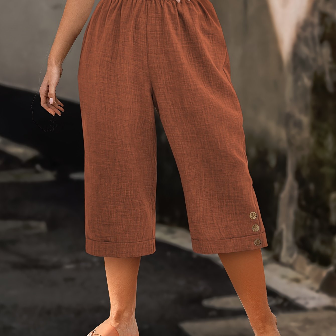 Women Plus Size Olive Green Bermuda Shorts Summer Casual Flat-Fold Button Details