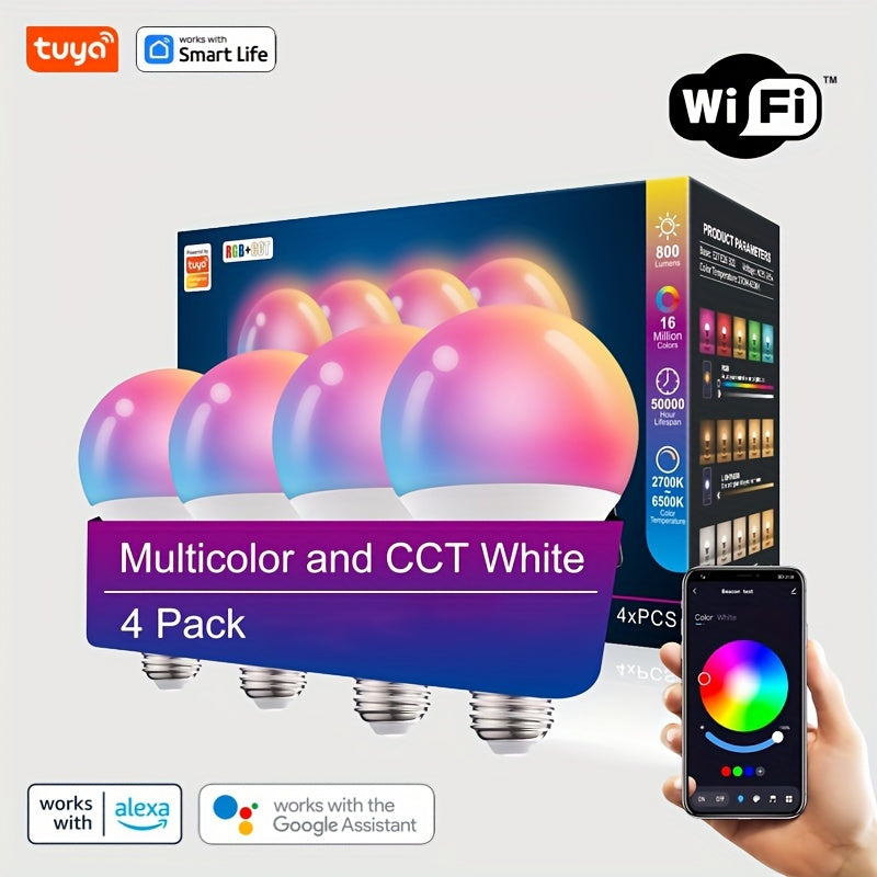 Wi-Fi RGB LED Light Bulb 800LM Dimmable Music Sync White Color Change 4 Pack