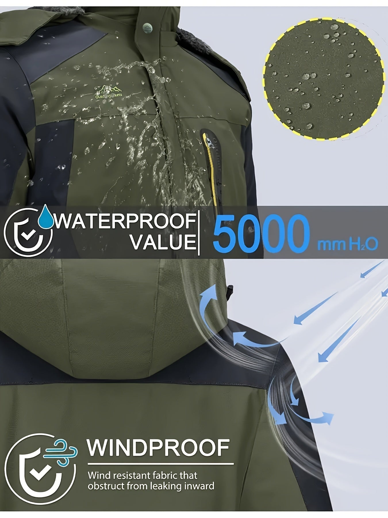 Men's Winter Jacket with Detachable Hood Breathable Waterproof Multiple Pockets Outdoor Ski Hiking