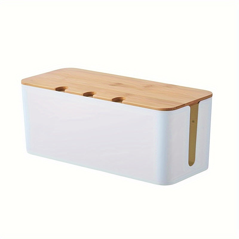 Caja de almacenamiento de escritorio con tapa de madera de bambú para organización de cables y maquillaje