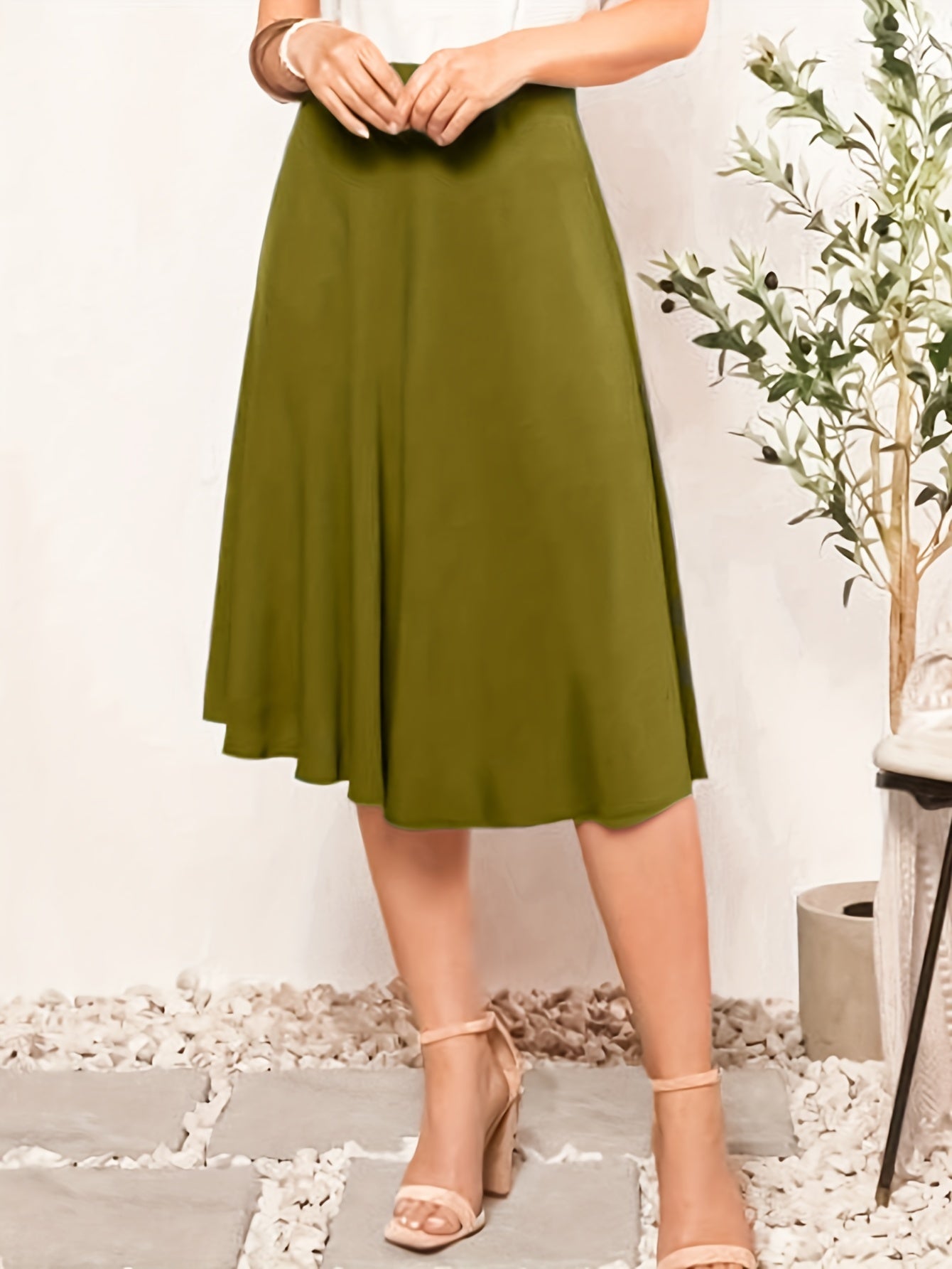 Women's Plus Size Elegant A-Line Skirt High Waist Solid Button Midi Skirt