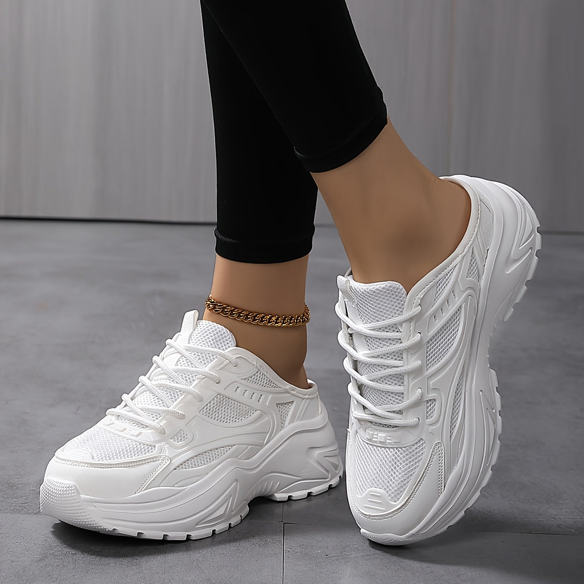 Women’s Chunky Sneakers Breathable Mesh PVC Low Top Lace-Up Shoes