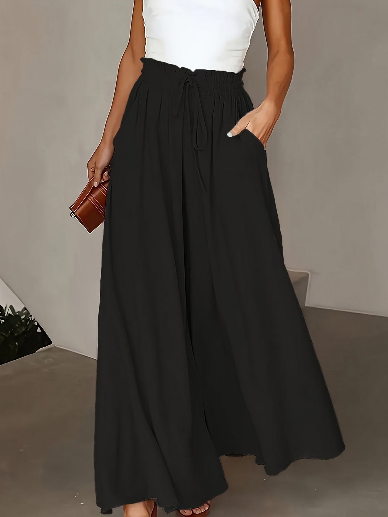 Women's Wide Leg Pants Solid Color High Waist Casual Spring Summer