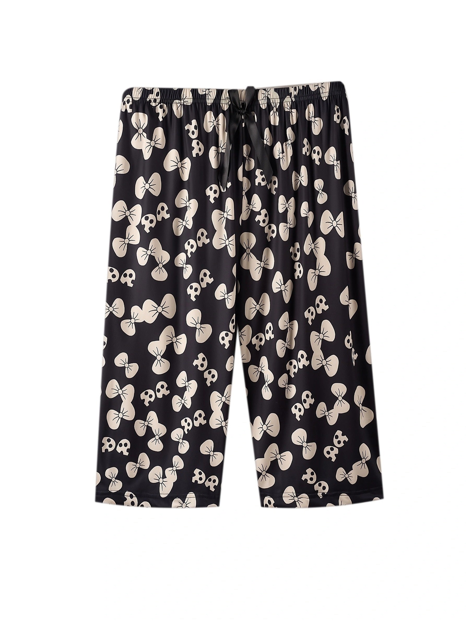 Women's Plus Size Boho Butterfly Print Sleepwear Capri Pants with Bow Decor Elastic Waistband