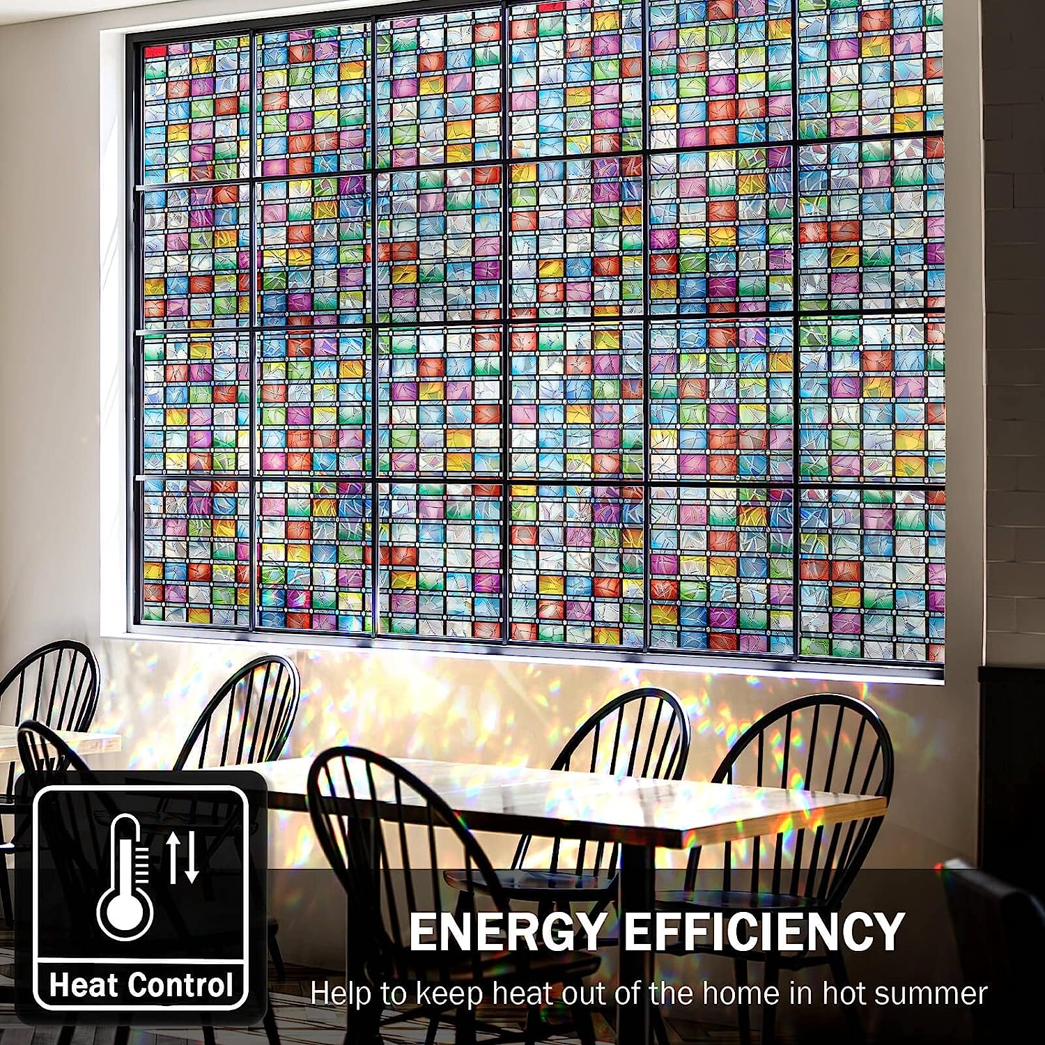 Frosted Privacy Window Film with Crescent & Diamond Pattern, Heat Control, No-Glue, Semi-Transparent, 9mil PVC