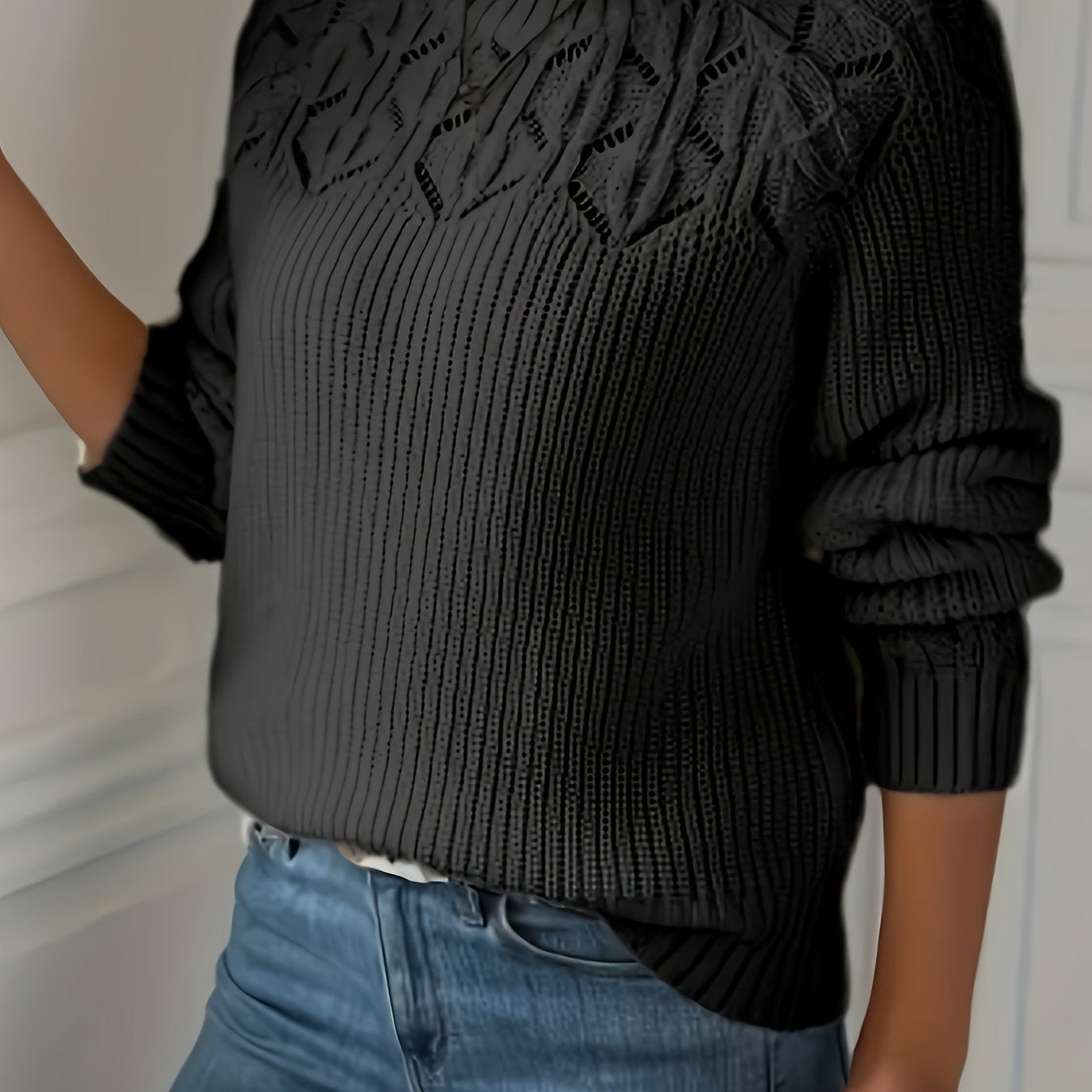 Ayollar uchun toqilgan uzun kofta, kuz qish, dumaloq bo'yin, qora