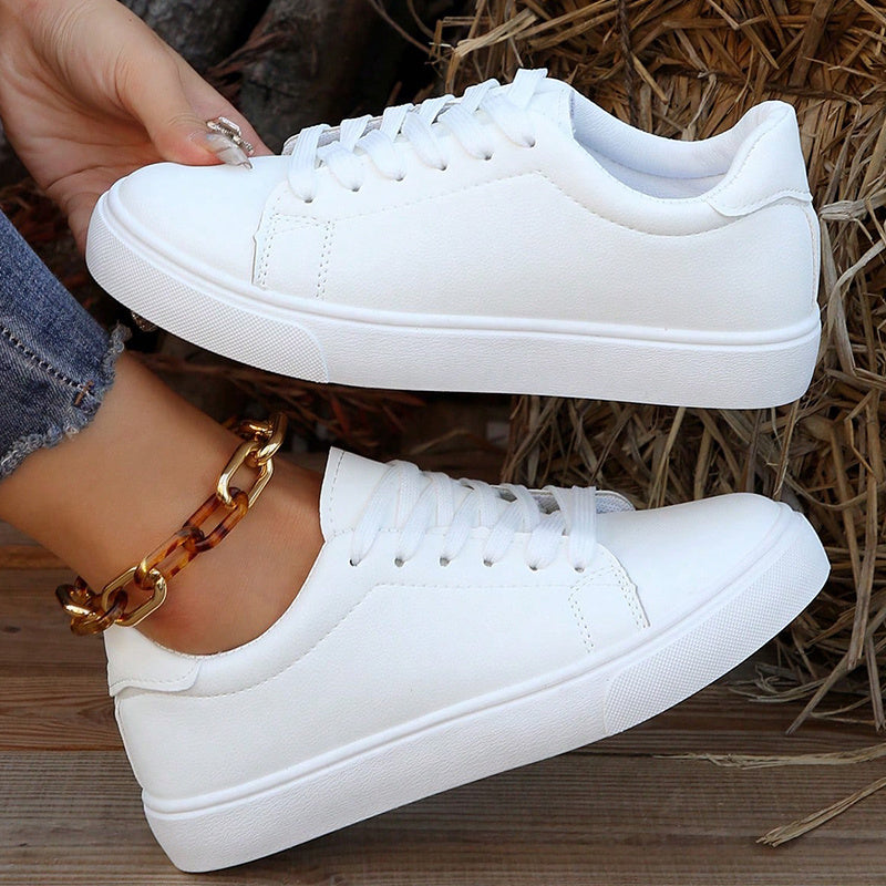Women's White Low Top Sneakers Lace Up Comfortable Athletic Shoes